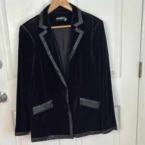 KARL LAGERFELD Black Velvet Jacket faux leather trim Tuxedo style size XL